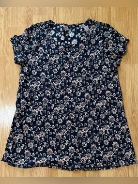 Pure Jill Pima Cotton Floral Scoop Neck Tee Women Small Black Beige Short Sleeve